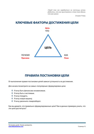 «Перед тем как карабкаться на лестницу успеха,
                                             убедитесь, что она приставлена к стене того здания,
                                             что вам нужно»
                                                                                  Стивен Р. Кови



           КЛЮЧЕВЫЕ ФАКТОРЫ ДОСТИЖЕНИЯ ЦЕЛИ
                                         Цель
                                         ЧТО




                                         ЦЕЛЬ

                    ПОЧЕМУ                                         КАК
                    Причина                                        План




                         ПРАВИЛА ПОСТАНОВКИ ЦЕЛИ
От выполнения правил постановки целей зависит успешность их достижения.

Для начала посмотрите на самые «популярные» формулировки цели:

        Я хочу быть финансово независимым.
        Я хочу быть счастливым.
        Я хочу похудеть.
        Я хочу новую машину.
        Я хочу увеличить товарооборот.

Как вы думаете, это правильно сформулированные цели? Как в данных примерах узнать, что
эти цели достигнуты?




Постановка целей. Полное руководство.
www.NateyGolenko.com                                                                 Страница 10
 
