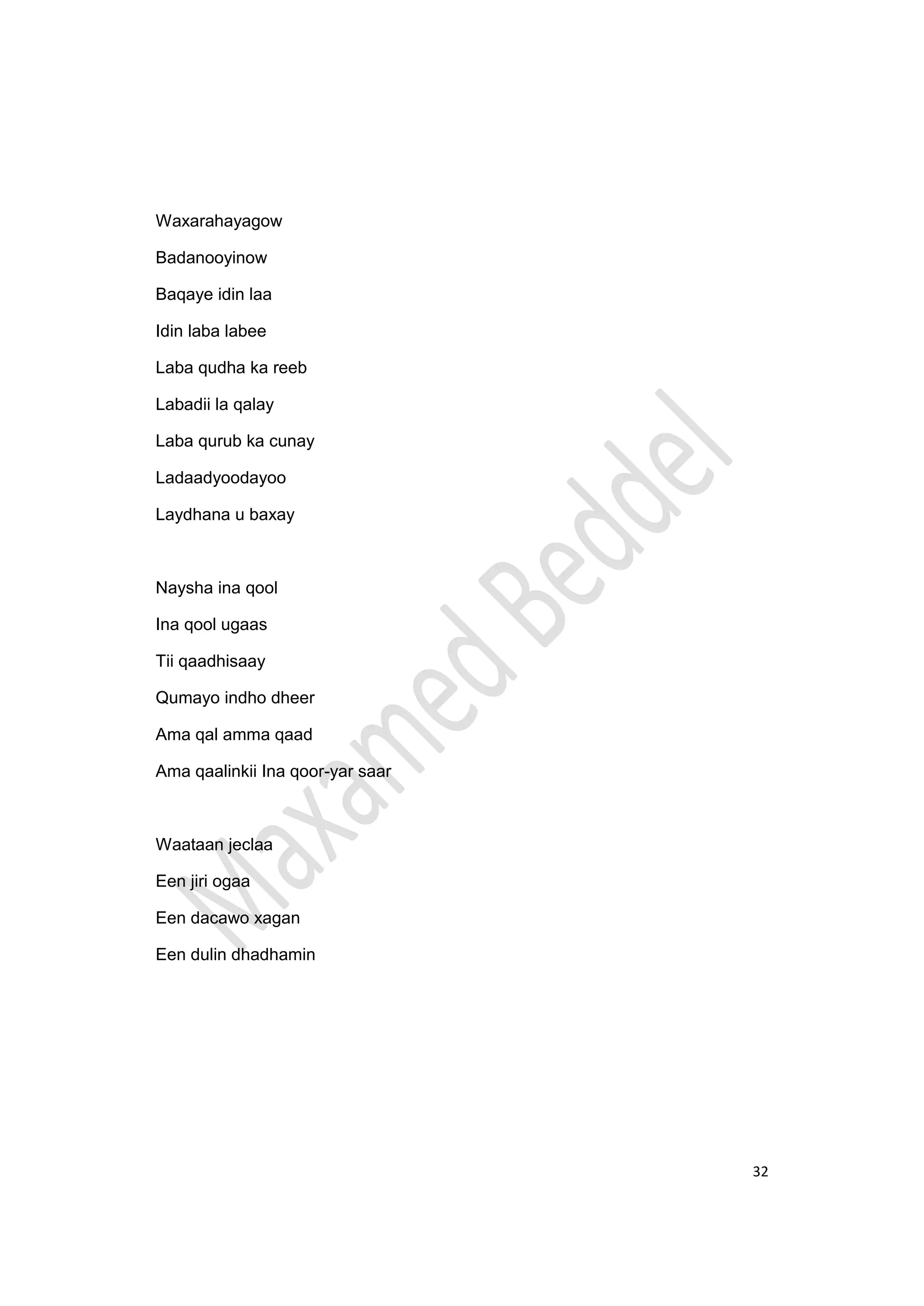32
Waxarahayagow
Badanooyinow
Baqaye idin laa
Idin laba labee
Laba qudha ka reeb
Labadii la qalay
Laba qurub ka cunay
Ladaadyoodayoo
Laydhana u baxay
Naysha ina qool
Ina qool ugaas
Tii qaadhisaay
Qumayo indho dheer
Ama qal amma qaad
Ama qaalinkii Ina qoor-yar saar
Waataan jeclaa
Een jiri ogaa
Een dacawo xagan
Een dulin dhadhamin
 