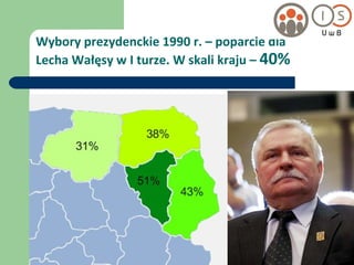 Wybory prezydenckie 1990 r. – poparcie dla  Lecha Wałęsy w I turze. W skali kraju –  40% 
