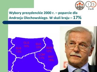 Wybory prezydenckie 2000 r. – poparcie dla  Andrzeja Olechowskiego. W skali kraju –  17% 
