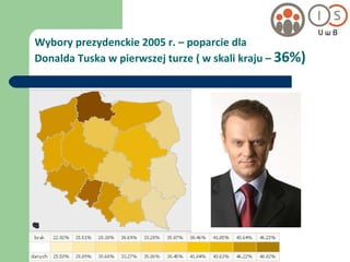 Wybory prezydenckie 2005 r. – poparcie dla  Donalda Tuska w pierwszej turze ( w skali kraju –  36%) 