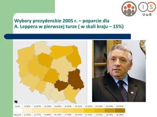 Wybory prezydenckie 2005 r. – poparcie dla  A. Leppera w pierwszej turze ( w skali kraju – 15%) 