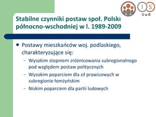 Stabilne czynniki postaw społ. Polski północno-wschodniej w l. 1989-2009 Postawy mieszkańców woj. podlaskiego, charakteryzujące się: Wysokim stopniem zróżnicowania subregionalnego pod względem postaw politycznych Wysokim poparciem dla sił prawicowych w subregionie łomżyńskim Niskim poparciem dla partii ludowych 