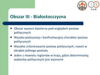 Obszar III - Białostocczyzna Obszar wysoce bipolarny pod względem postaw politycznych Wysoka polaryzacja i konfrontacyjny charakter postaw politycznych Wysokie zróżnicowanie postaw politycznych, nawet w obrębie jednego powiatu Jeden z niewielu regionów w kraju, gdzie determinantą wyborów politycznych jest wyznanie 