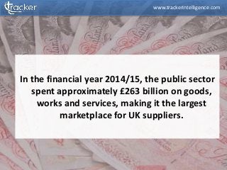 In the financial year 2014/15, the public sector
spent approximately £263 billion on goods,
works and services, making it the largest
marketplace for UK suppliers.
www.trackerintelligence.com
 