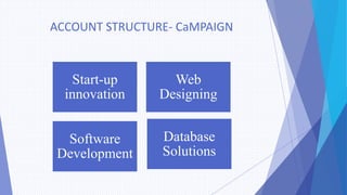 ACCOUNT STRUCTURE- CaMPAIGN
Start-up
innovation
Web
Designing
Software
Development
Database
Solutions
 