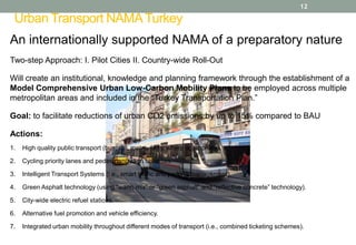 12

Urban Transport NAMA Turkey
An internationally supported NAMA of a preparatory nature
Two-step Approach: I. Pilot Cities II. Country-wide Roll-Out
Will create an institutional, knowledge and planning framework through the establishment of a
Model Comprehensive Urban Low-Carbon Mobility Plans to be employed across multiple
metropolitan areas and included in the “Turkey Transportation Plan.”
Goal: to facilitate reductions of urban CO2 emissions by up to 15% compared to BAU
Actions:
1.

High quality public transport (bus, rail, metro, ferry, where appropriate).

2.

Cycling priority lanes and pedestrianization schemes.

3.

Intelligent Transport Systems (i.e., smart traffic and parking management).

4.

Green Asphalt technology (using “warm mix” or “green asphalt” and “reflective concrete” technology).

5.

City-wide electric refuel stations.

6.

Alternative fuel promotion and vehicle efficiency.

7.

Integrated urban mobility throughout different modes of transport (i.e., combined ticketing schemes).

 