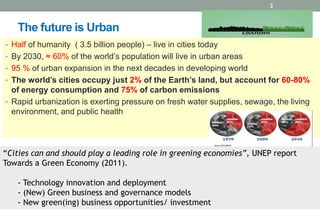 3

The future is Urban
• Half of humanity ( 3.5 billion people) – live in cities today
• By 2030, ≈ 60% of the world’s population will live in urban areas
• 95 % of urban expansion in the next decades in developing world
• The world’s cities occupy just 2% of the Earth’s land, but account for 60-80%

of energy consumption and 75% of carbon emissions
• Rapid urbanization is exerting pressure on fresh water supplies, sewage, the living
environment, and public health

“Cities can and should play a leading role in greening economies”, UNEP report
Towards a Green Economy (2011).
- Technology innovation and deployment
- (New) Green business and governance models
- New green(ing) business opportunities/ investment

 