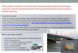 9

Going carbon neutral is a powerful way of demonstrating leadership and helps
make the case for business decisions that support the transformation towards a
cleaner economy
• Experience exists
• Tools for building and testing urban infrastructure scenarios of cities, with the goal of

lowering annual GHG emissions and energy use exist (ex. CarbonNeutralCityPlanner,
Carbon Neutral Local Government - http://www.toolkit.bc.ca/resource/becoming-carbonneutral-workbook-and-guidebook )
• Citizens can provide smart ideas if involved from the start, but have to measure and report
to the community GHG emissions and results
Why to go carbon neutral?
•
•
•
•
•
•
•

Attracting finance, technologies, private investments
Better energy security
Economic benefits- green jobs, tourism
Social – improved quality of life
Environmental benefits
Meeting EU and int. obligations
Supporting sustainable development

 