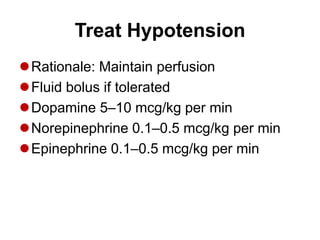 Treat Hypotension
Rationale: Maintain perfusion
Fluid bolus if tolerated
Dopamine 5–10 mcg/kg per min
Norepinephrine 0.1–0.5 mcg/kg per min
Epinephrine 0.1–0.5 mcg/kg per min
 