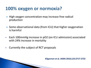 High oxygen concentration may increase free radical
production
 Some observational data (from ICU) that higher oxygenation
is harmful
 Each 100mmHg increase in pO2 (on ICU admission) associated
with 24% increase in mortality
 Currently the subject of RCT proposals
Kilgannon et al. JAMA 2010;123:2717-2722
 