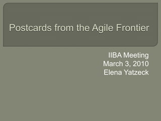 Postcards from the Agile Frontier IIBA Meeting March 3, 2010 Elena Yatzeck 