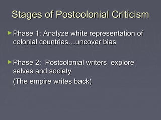 Stages of Postcolonial CriticismStages of Postcolonial Criticism
►Phase 1: Analyze white representation ofPhase 1: Analyze white representation of
colonial countries…uncover biascolonial countries…uncover bias
►Phase 2: Postcolonial writers explorePhase 2: Postcolonial writers explore
selves and societyselves and society
(The empire writes back)(The empire writes back)
 