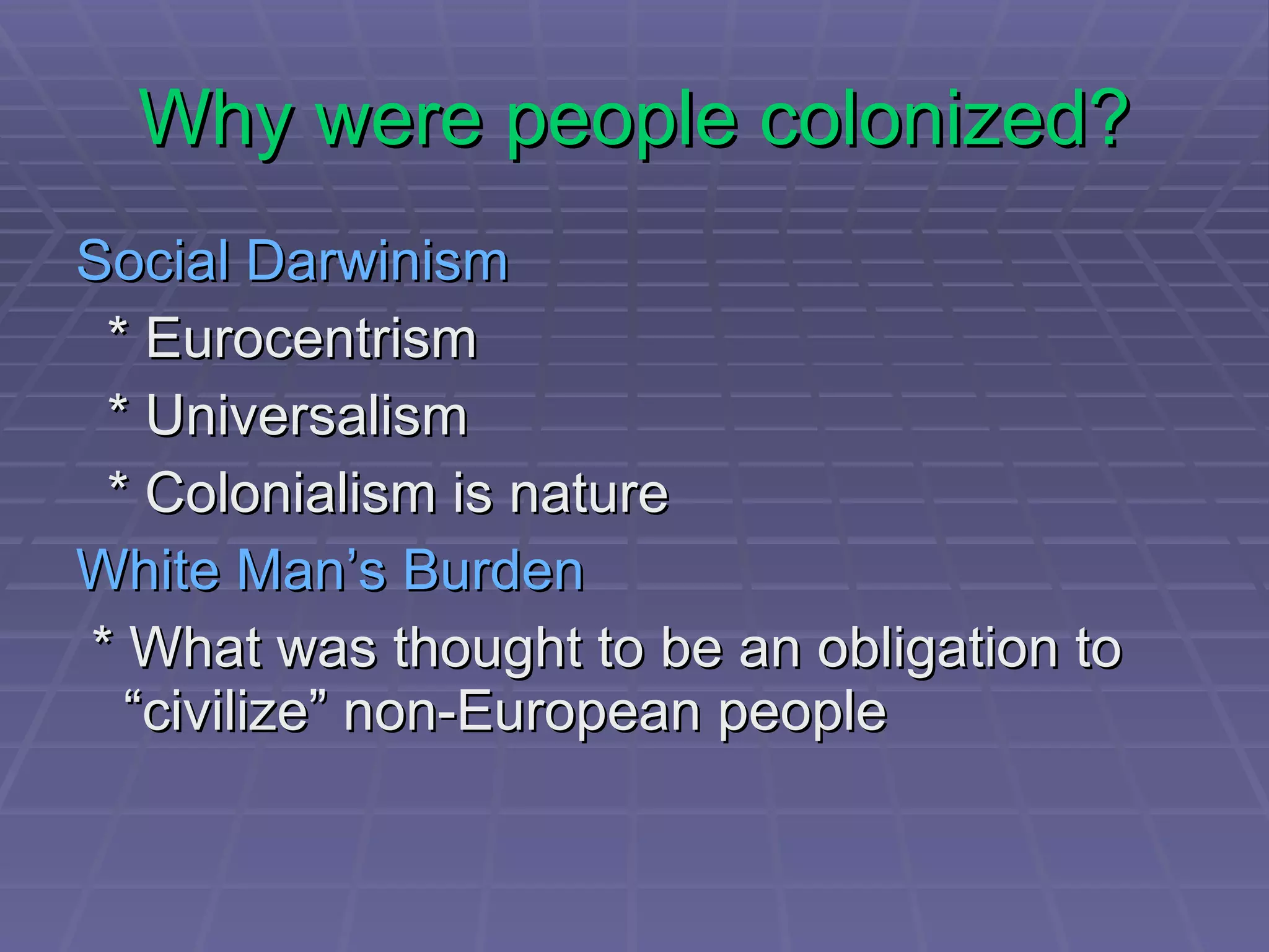 Who are the oppressed? Those who were formerly colonized In postcolonial theory, the word colonized can mean many things: * Literal colonization * More abstract “colonization” African-American Native Americans in the United States 