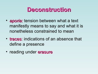 Deconstruction aporia:  tension between what a text manifestly means to say and what it is nonetheless constrained to mean   traces : indications of an absence that define a presence   reading under  erasure   