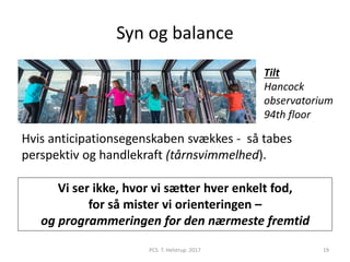Syn og balance
PCS. T. Helstrup. 2017 19
Tilt
Hancock
observatorium
94th floor
Hvis anticipationsegenskaben svækkes - så tabes
perspektiv og handlekraft (tårnsvimmelhed).
Vi ser ikke, hvor vi sætter hver enkelt fod,
for så mister vi orienteringen –
og programmeringen for den nærmeste fremtid
 