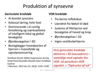 Produktion af synsevne
Geniculate kredsløb
• Al bevidst synssans
• Kolossal læring, hele livet
• Dominerende i al rumlig
fortolkning og iværksættelse
af intelligent lokal og global
bevægelse
• Øjenbevægelser i 3D
• Beslaglægger hovedparten af
hjernen i massefylde og
signalprocessering
VOR kredsløb
• Tre-kerne-refleksbue
• Uændret fra fødsel til død
• Justeres af lillehjerne ved
bevægelse af hoved og krop
• Øjenbevægelser i 2D
• Ingen vestibulærhjerne
PCS. T. Helstrup. 2017 20
Hvis geniculate kredsløb
aktiveres i 3D (saccaderer) –
samtidigt med signaler fra
VOR- så annulleres VOR
signalet. > ”Oplevelse af ryk”J Neurosci. 2015 Jan 21; 35(3): 1192–1198
Vestibulo-Ocular Reflex Suppression during
Head-Fixed Saccades Reveals Gaze Feedback
Control
 
