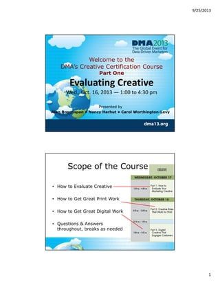 9/25/2013
1
Welcome to the
DMA’s Creative Certification Course
Part One
Evaluating Creative
Wed., Oct. 16, 2013 — 1:00 to 4:30 pm
Presented by
Alan Rosenspan • Nancy Harhut • Carol Worthington-Levy
• How to Evaluate Creative
• How to Get Great Print Work
• How to Get Great Digital Work
• Questions & Answers
throughout, breaks as needed
2
Scope of the Course
 