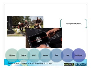 Living	
  Headstones

Health

Death

Work

Money

Source: http://www.prepaidinsurance.co.za/

Tax

Sex

Religion

 