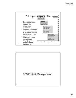 9/23/2013
40
Put together your plan
• Don’t skimp on 
details for 
execution
• Anyone can cook 
a spreadsheet to 
forecast success
• Make sure that 
your plan is 
detailed and 
believable79
SEO Project Management
80
Making SEO Operational
 