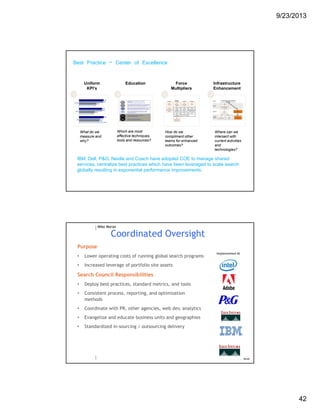 9/23/2013
42
Education Infrastructure
Enhancement
Force
Multipliers
Which are most
effective techniques,
tools and resources?
Uniform
KPI’s
How do we
compliment other
teams for enhanced
outcomes?
Where can we
intersect with
current activities
and
technologies?
What do we
measure and
why?
T3
Rapid repairs
T1
Fast & easy
claims
T2
Personalized
coverage tool & same
day assistance
E2
Makes me feel
valued & there with
me every step of
the way
E1
Treats me as an
individual
Emotional
F3
Fair prices & easy /
upfront information
F1
Personalized
service, just right
for me
F2
Clear info, fair
claims, sound
advice
Functional
P2
Understanding,
proactive,
empathetic
P1
Dynamic, fast,
dependable,
efficient
R1
Known for effective
& caring
intermediaries
R2
Known for good
claims service &
customer service
Persona /
Reputation Touchpoint
Functional
Benefits &
Touchpoints
Reputation &
Persona
Emotional
Benefits
Desired
Outcome
T2
Fast claims process
P1
Dependable & Efficient
.868
Insurance Company I Would Proactively
Recommend
T1
Has an easy to use
website
.333
F3
Responds quickly to
my changing needs
E2
Makes me feel reassured
because they deliver
when it really matters
.839
.160
P2
Understanding
.518
.812
43.3%
40.6%
43.5%
42.0%
40.5%
38.1%
27.8%
35.9%
25.2%
20.8%
43.3%
30.6%
General
Direct
Life
Helpful and
Fair
Claims
Partner
who
Delivers
• Ensures that claims will be resolved to our satisfaction
• Has fair prices
• Known for open and transparent dealings with customers
• Has a dedicated relationship leader focused on my company's needs
• Helps my business move on because they deliver when it really matters
• Makes me feel like they are there with us every step of the way
• Is a global thought leader known for analytical rigor
• Dedicated, proactive and dynamic
• Global view of reported and paid claims
• Helps get my employees back to work quicker
• Has a deep understanding of the unique needs of our business
• Uses a thorough understanding of our business to tailor its risk
management services to us
Tailored
Insight
Deep
Understanding
• Has tools that help us identify and mitigate risks specific to our business
• Offers a unique tailored solution that fits the needs of our business
• Provides professional guidance that keeps me on top of my business
Nice to Have
But not
Discriminating
Must Have
but not
Discriminating
1 2 3 4
Best Practice – Center of Excellence
IBM, Dell, P&G, Nestle and Coach have adopted COE to manage shared
services, centralize best practices which have been leveraged to scale search
globally resulting in exponential performance improvements.
Mike Moran
© 2010 Mike Moran
Purpose
• Lower operating costs of running global search programs
• Increased leverage of portfolio site assets
Search Council Responsibilities
• Deploy best practices, standard metrics, and tools
• Consistent process, reporting, and optimization
methods
• Coordinate with PR, other agencies, web dev, analytics
• Evangelize and educate business units and geographies
• Standardized in-sourcing / outsourcing delivery
Coordinated Oversight
Implemented At
 