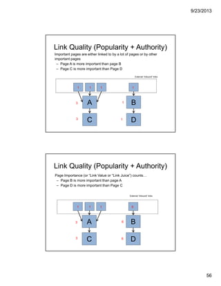 9/23/2013
56
Link Quality (Popularity + Authority)
Important pages are either linked to by a lot of pages or by other
important pages
– Page A is more important than page B
– Page C is more important than Page D
B
C
A
D
1 1 1 1
1
1
3
3
External “inbound” links
Link Quality (Popularity + Authority)
Page Importance (or “Link Value or “Link Juice”) counts…
– Page B is more important than page A
– Page D is more important than Page C
B
C
A
D
1 1 1 6
63
3 6
External “inbound” links
 