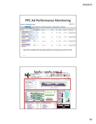 9/23/2013
83
PPC Ad Performance Monitoring
165
See which competitor ads are being clicked and converting and which are not!
Spyfu– spyfu.com $ 
166
 