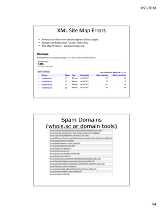 9/23/2013
94
XML Site Map Errors
Protocol to inform the search engines of your pages.
Google and Bing report “issues” with URLs.
Site Map Protocol ‐ www.sitemaps.org
Spam Domains
(whois.sc or domain tools)
 