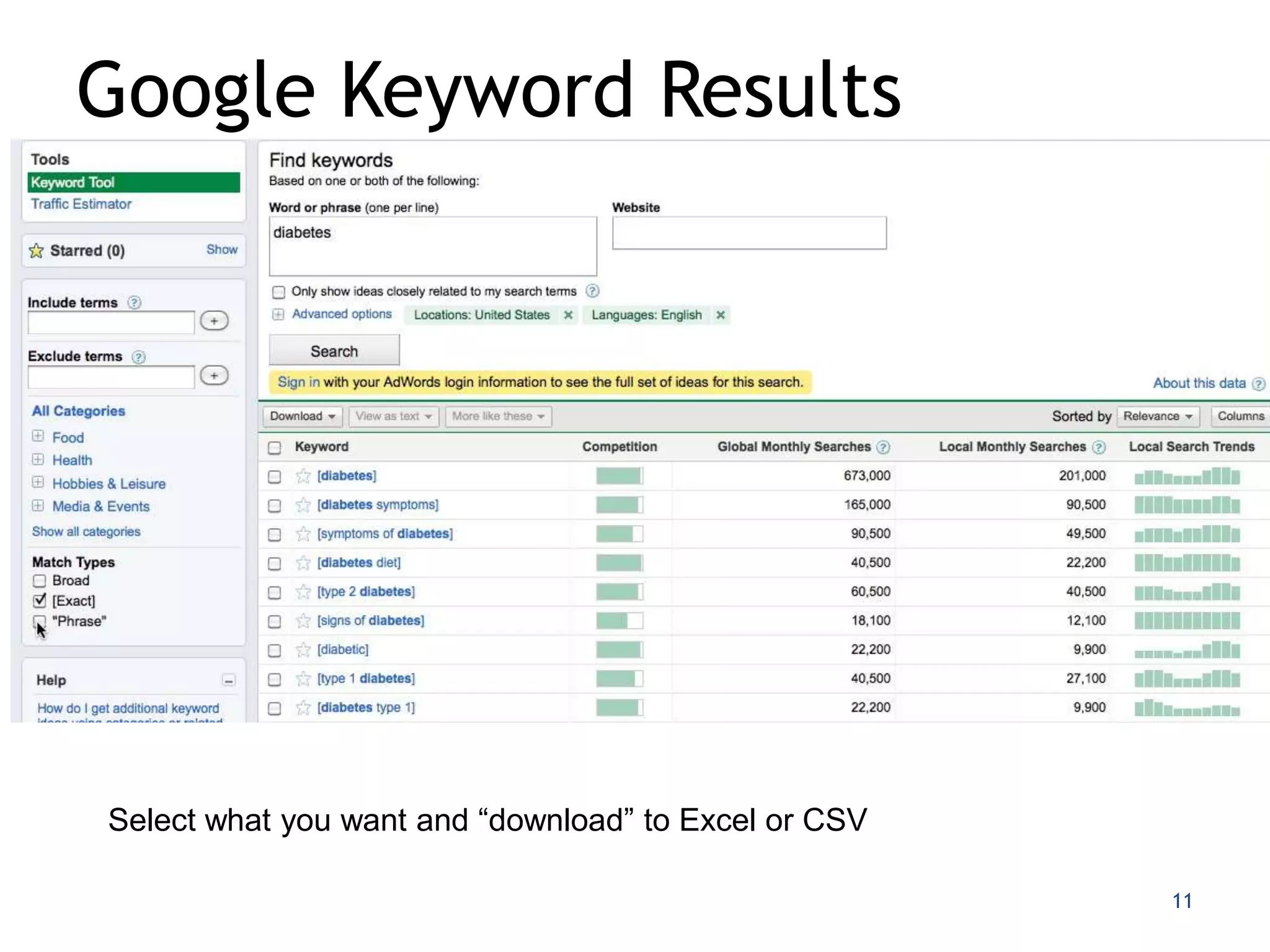 Google Keyword Results




Select what you want and “download” to Excel or CSV

                                                      11
 