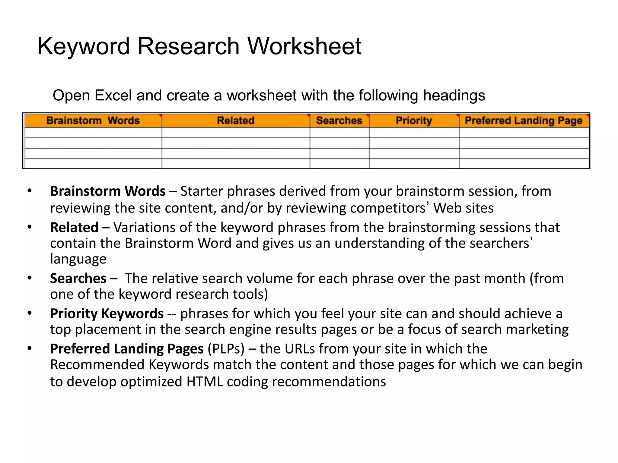 Keyword Research Worksheet
     Open Excel and create a worksheet with the following headings




•    Brainstorm Words – Starter phrases derived from your brainstorm session, from
     reviewing the site content, and/or by reviewing competitors’ Web sites
•    Related – Variations of the keyword phrases from the brainstorming sessions that
     contain the Brainstorm Word and gives us an understanding of the searchers’
     language
•    Searches – The relative search volume for each phrase over the past month (from
     one of the keyword research tools)
•    Priority Keywords -- phrases for which you feel your site can and should achieve a
     top placement in the search engine results pages or be a focus of search marketing
•    Preferred Landing Pages (PLPs) – the URLs from your site in which the
     Recommended Keywords match the content and those pages for which we can begin
     to develop optimized HTML coding recommendations
 