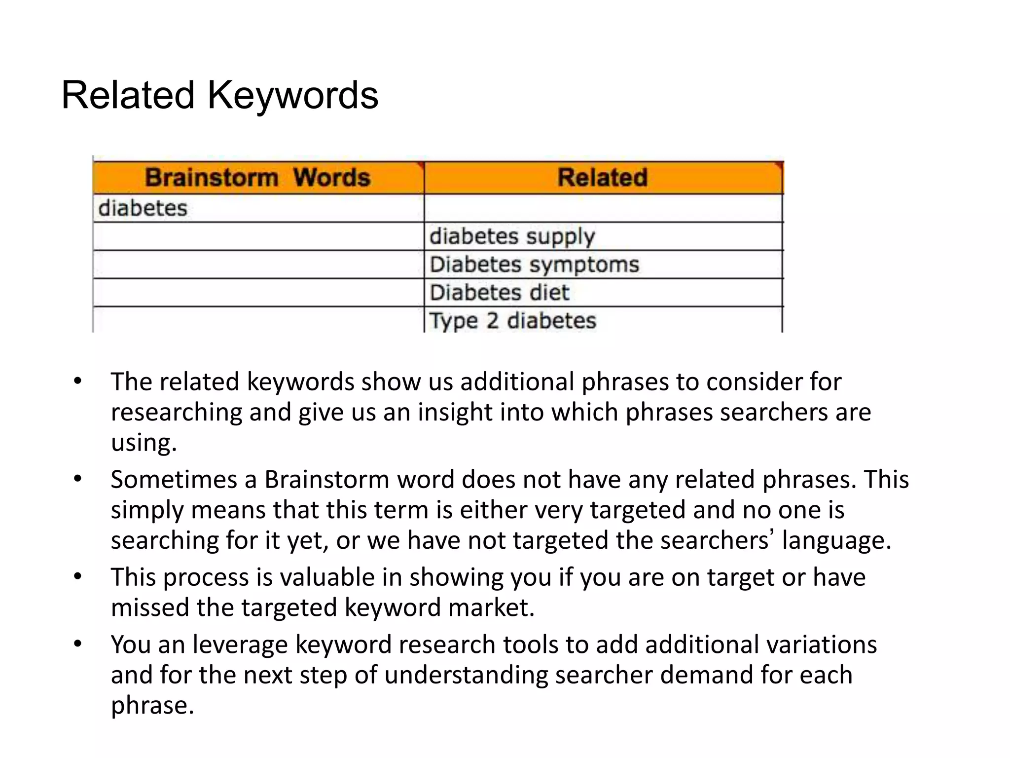 Related Keywords




• The related keywords show us additional phrases to consider for
  researching and give us an insight into which phrases searchers are
  using.
• Sometimes a Brainstorm word does not have any related phrases. This
  simply means that this term is either very targeted and no one is
  searching for it yet, or we have not targeted the searchers’ language.
• This process is valuable in showing you if you are on target or have
  missed the targeted keyword market.
• You an leverage keyword research tools to add additional variations
  and for the next step of understanding searcher demand for each
  phrase.
 