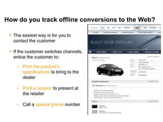 How do you track offline conversions to the Web?

      The easiest way is for you to
       contact the customer

      If the customer switches channels,
       entice the customer to:

          Print the product’s
           specifications to bring to the
           dealer

          Print a coupon to present at
           the retailer

          Call a special phone number

14
 