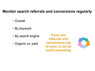 Mike Moran




Monitor search referrals and conversions regularly

      Overall

      By keyword

      By search engine       If you see
                            referrals and
      Organic vs. paid   conversions out
                          of sync, it can be
                          worth examining




41
 