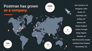 San Francisco, CA
Bengaluru, India
Austin, TX
Columbus, OH
Buffalo, NY
Boston, MA
Bristol, England
Lisboa, Portugal
Abuja, Nigeria
Honolulu, HI
New Brunswick, Canada
Auckland, New Zealand
Sacramento, CA
$50M
SERIES B
FUNDING
4
CONTINENTS
8
COUNTRIES
150+
EMPLOYEES
Postman has grown
as a company.
 