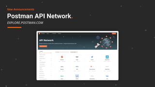 Postman API Network.
New Announcements
EXPLORE.POSTMAN.COM
 