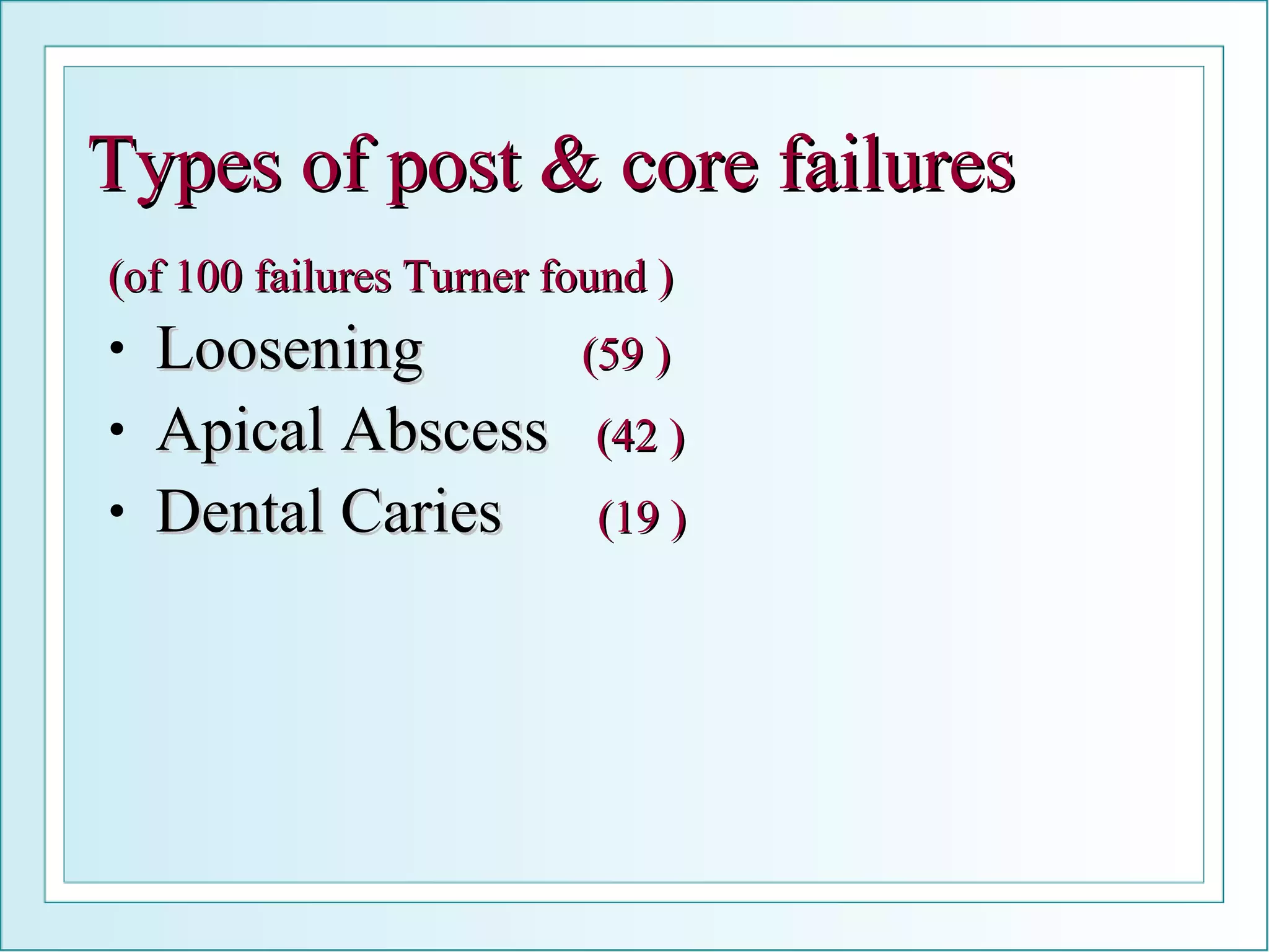Types of post & core failures (of 100 failures Turner found ) Loosening  (59 ) Apical Abscess  (42 ) Dental Caries  (19 ) 