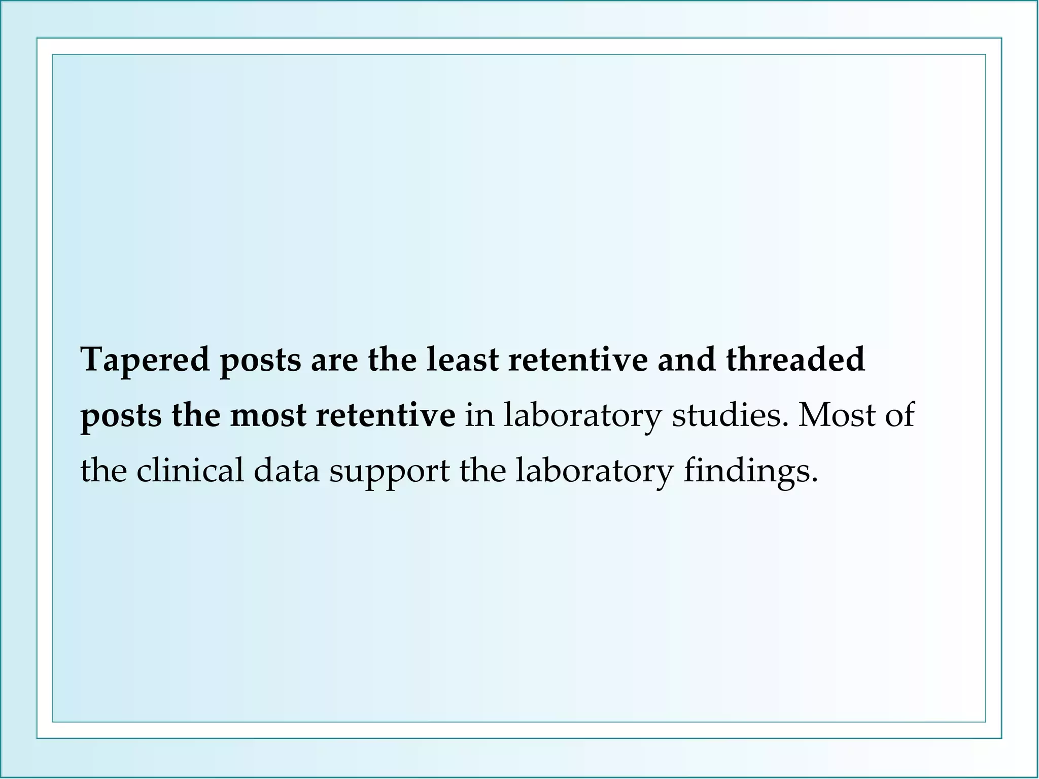 Tapered posts are the least retentive and threaded posts the most retentive  in laboratory studies. Most of the clinical data support the laboratory findings. 