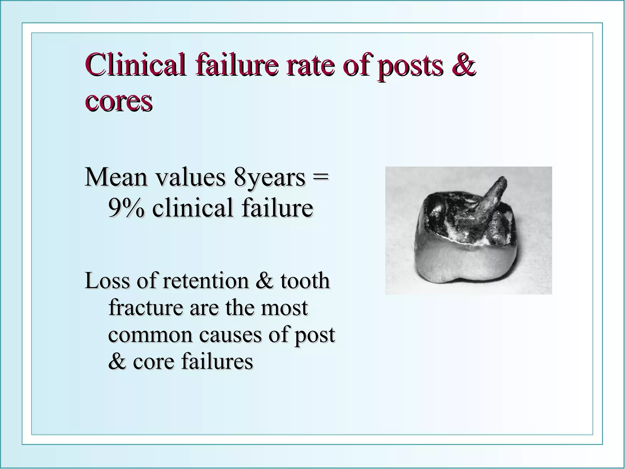 Clinical failure rate of posts & cores Mean values 8years = 9% clinical failure Loss of retention & tooth fracture are the most common causes of post & core failures 