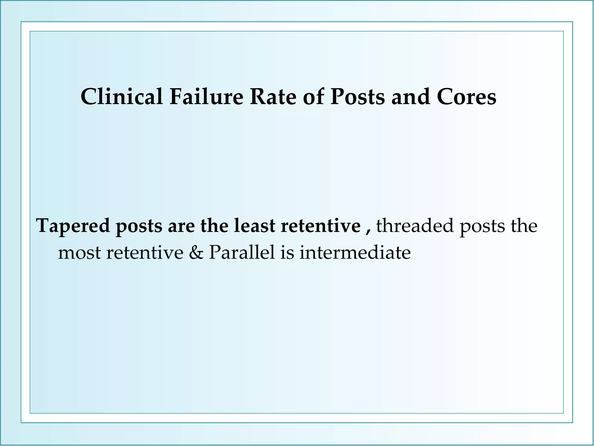 Clinical Failure Rate of Posts and Cores Tapered posts are the least retentive ,  threaded posts the most retentive & Parallel is intermediate 