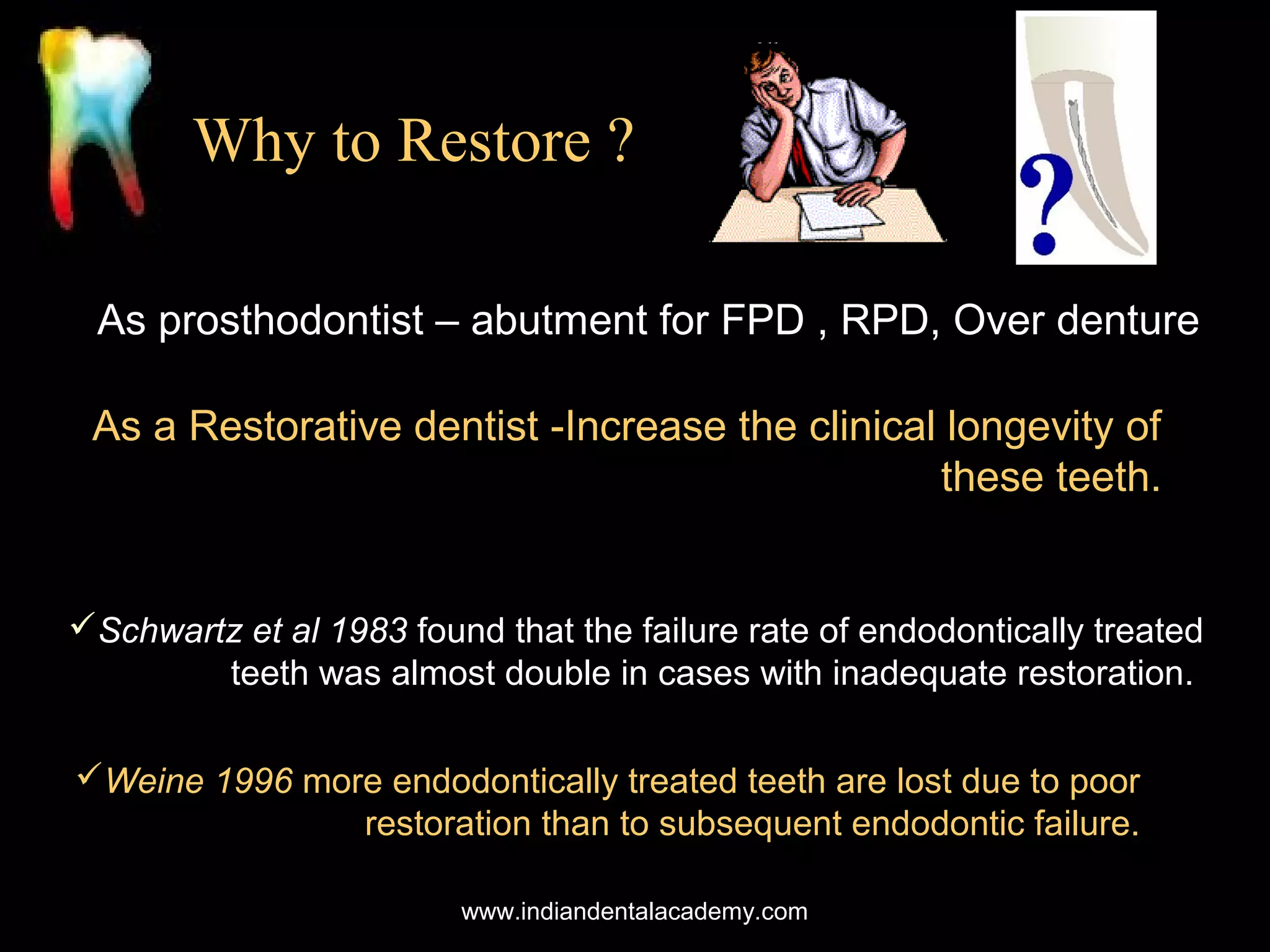 Why to Restore ?
As prosthodontist – abutment for FPD , RPD, Over denture
As a Restorative dentist -Increase the clinical longevity of
these teeth.

Schwartz et al 1983 found that the failure rate of endodontically treated
teeth was almost double in cases with inadequate restoration.
Weine 1996 more endodontically treated teeth are lost due to poor
restoration than to subsequent endodontic failure.
www.indiandentalacademy.com

 