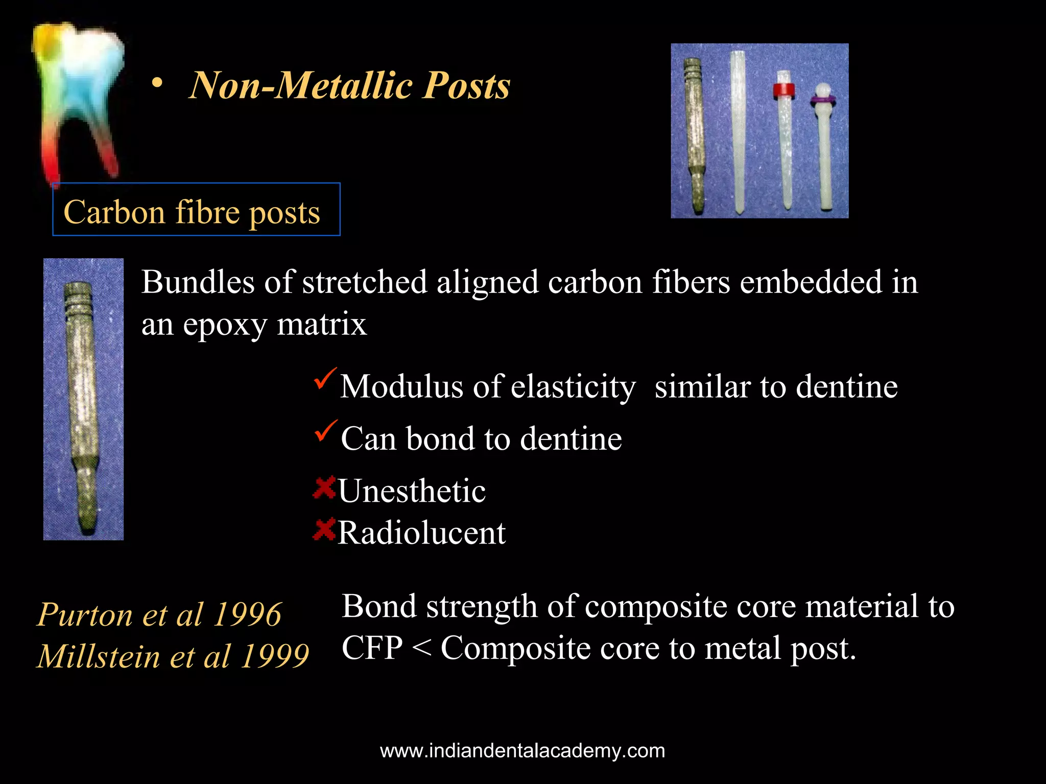 • Non-Metallic Posts
Carbon fibre posts
Bundles of stretched aligned carbon fibers embedded in
an epoxy matrix
Modulus of elasticity similar to dentine
Can bond to dentine
Unesthetic
Radiolucent
Bond strength of composite core material to
Purton et al 1996
Millstein et al 1999 CFP < Composite core to metal post.
www.indiandentalacademy.com

 