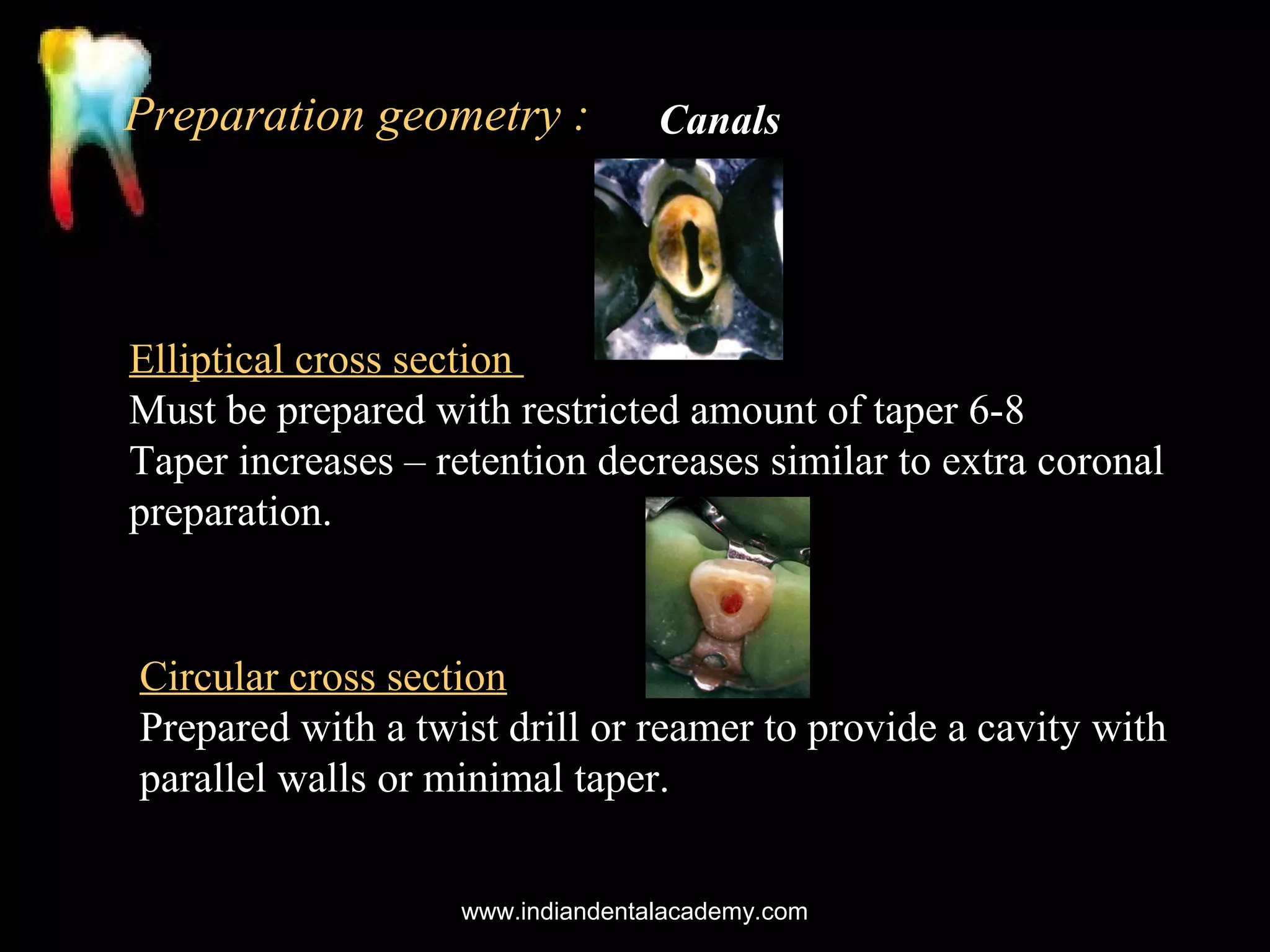 Preparation geometry :

Canals

Elliptical cross section
Must be prepared with restricted amount of taper 6-8
Taper increases – retention decreases similar to extra coronal
preparation.

Circular cross section
Prepared with a twist drill or reamer to provide a cavity with
parallel walls or minimal taper.
www.indiandentalacademy.com

 