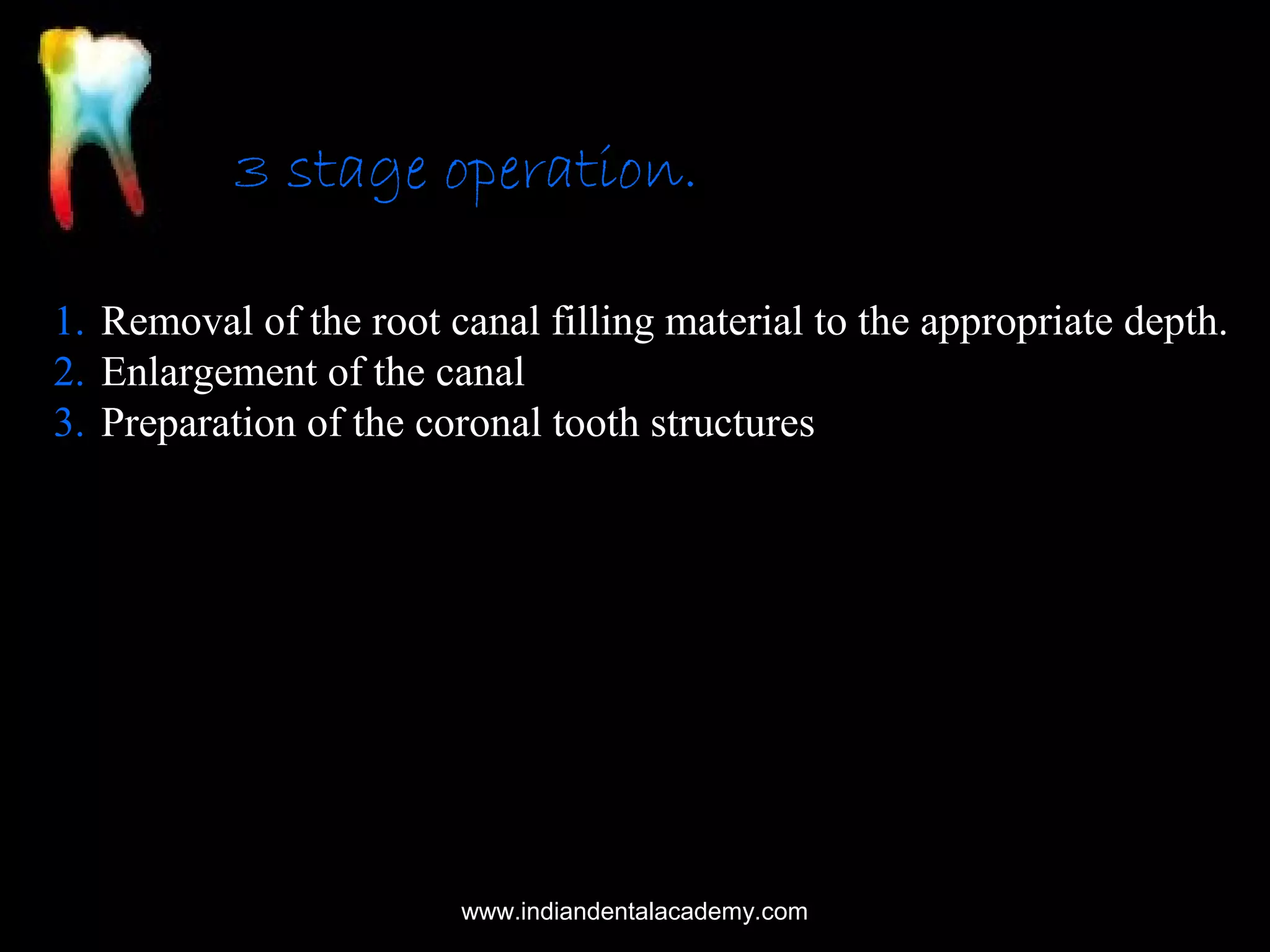 3 stage operation.
1. Removal of the root canal filling material to the appropriate depth.
2. Enlargement of the canal
3. Preparation of the coronal tooth structures

www.indiandentalacademy.com

 
