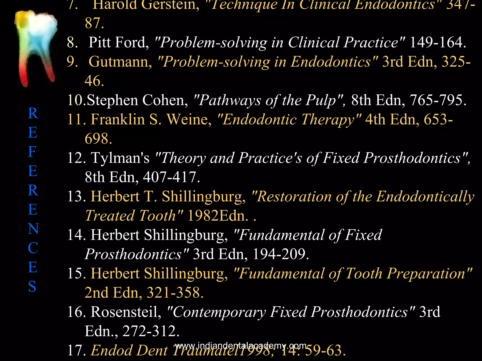 R
E
F
E
R
E
N
C
E
S

7. Harold Gerstein, "Technique In Clinical Endodontics" 34787.
8. Pitt Ford, "Problem-solving in Clinical Practice" 149-164.
9. Gutmann, "Problem-solving in Endodontics" 3rd Edn, 32546.
10.Stephen Cohen, "Pathways of the Pulp", 8th Edn, 765-795.
11. Franklin S. Weine, "Endodontic Therapy" 4th Edn, 653698.
12. Tylman's "Theory and Practice's of Fixed Prosthodontics",
8th Edn, 407-417.
13. Herbert T. Shillingburg, "Restoration of the Endodontically
Treated Tooth" 1982Edn. .
14. Herbert Shillingburg, "Fundamental of Fixed
Prosthodontics" 3rd Edn, 194-209.
15. Herbert Shillingburg, "Fundamental of Tooth Preparation"
2nd Edn, 321-358.
16. Rosensteil, "Contemporary Fixed Prosthodontics" 3rd
Edn., 272-312.
www.indiandentalacademy.com
17. Endod Dent Traumatel1998; 14: 59-63.

 