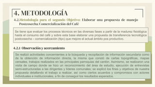 4.2.Metodología para el segundo Objetivo: Elaborar una propuesta de manejo
Postcosecha/Comercialización del Café
4. METODOLOGÍA
Se tiene que evaluar los procesos técnicos en las diversas fases a partir de la madurez fisiológica
hasta el consumo del café y sobre esta base elaborar una propuesta de transferencia tecnológica
postcosecha – comercialización (ttpc) que mejore el actual ámbito pos productivo.
Se realizó actividades concernientes a la búsqueda y recopilación de información secundaria como
de la obtención de información directa, la misma que constó de cartas topográficas, mapas
censales, trabajos realizados en las principales parroquias del cantón. Asimismo, se realizaron una
visita de campo donde se hizo un reconocimiento del área de estudio, ejecución de entrevistas
semi-estructuradas a las dirigentes y líderes comunales; se explicó los fines y objetivos de nuestra
propuesta detallando el trabajo a realizar, así como ciertos acuerdos y compromisos con actores
individuales e institucionales, a fin de conseguir los resultados esperados.
4.2.1 Observación y acercamiento
 
