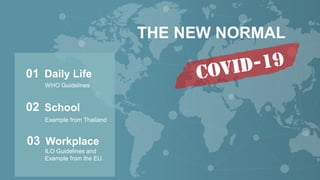 THE NEW NORMAL
01
School
02
Workplace
03
Daily Life
WHO Guidelines
Example from Thailand
ILO Guidelines and
Example from the EU.
 