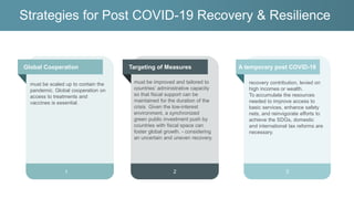 2
Strategies for Post COVID-19 Recovery & Resilience
Fiscal policy
3
1
must be scaled up to contain the
pandemic. Global cooperation on
access to treatments and
vaccines is essential.
must be improved and tailored to
countries’ administrative capacity
so that fiscal support can be
maintained for the duration of the
crisis Given the low-interest
environment, a synchronized
green public investment push by
countries with fiscal space can
foster global growth. - considering
an uncertain and uneven recovery.
recovery contribution, levied on
high incomes or wealth.
To accumulate the resources
needed to improve access to
basic services, enhance safety
nets, and reinvigorate efforts to
achieve the SDGs, domestic
and international tax reforms are
necessary.
Global Cooperation Targeting of Measures A temporary post COVID-19
 