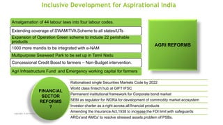 Inclusive Development for Aspirational India
Amalgamation of 44 labour laws into four labour codes.
Extending coverage of SWAMITVA Scheme to all states/UTs
Expansion of Operation Green scheme to include 22 perishable
products
1000 more mandis to be integrated with e-NAM
Multipurpose Seaweed Park to be set up in Tamil Nadu
Concessional Credit Boost to farmers – Non-Budget intervention.
Agri Infrastructure Fund and Emergency working capital for farmers
Rationalised single Securities Markets Code by 2022
World class fintech hub at GIFT IFSC
Permanent institutional framework for Corporate bond market
SEBI as regulator for WDRA for development of commodity market ecosystem
Investor charter as a right across all financial products
Amending the Insurance Act,1938 to increase the FDI limit with safeguards
ARCs’and AMCs’ to resolve stressed assets problem of PSBs.
FINANCIAL
SECTOR
REFORMS
?
AGRI REFORMS
08-02-2021
copyright @ yerramraju 7
 