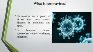 What is coronavirus?
• Coronavirus are a group of
viruses that cause several
diseases in mammals and
birds.
• In humans, human
coronavirus causes respiratory
infections.
 