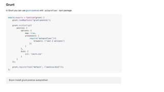 $npm install grunt-postcss autoprefixer
 